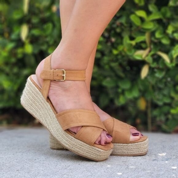 Camel Ankle Strap Black Wedge Espadrille - Picture 2 of 5